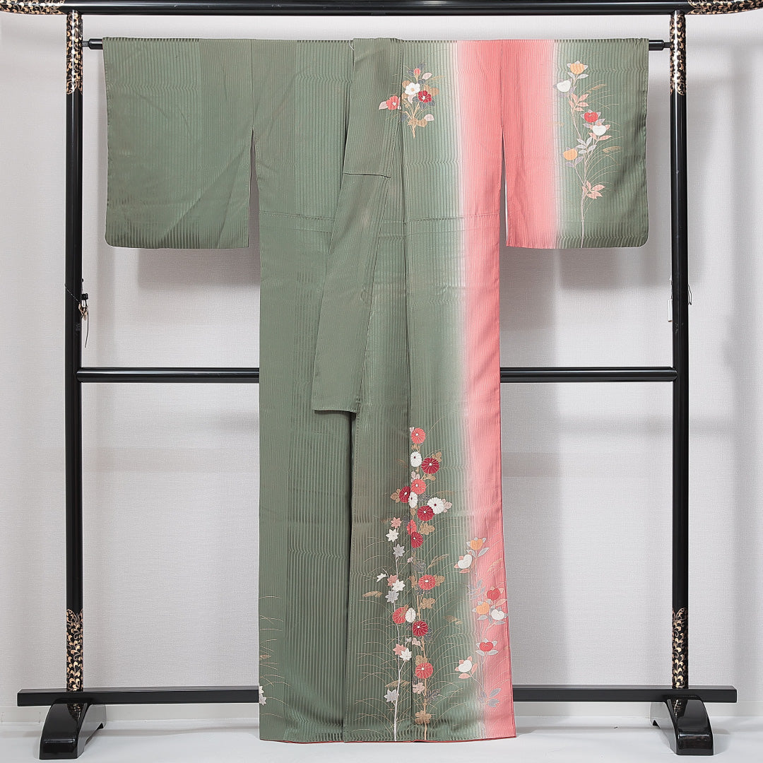 付下げ 袷 身丈160cm 裄丈65cm 正絹 Cランク Lサイズ 広衿 インフォーマル 菊 緑系 ピンク系 1261-14963