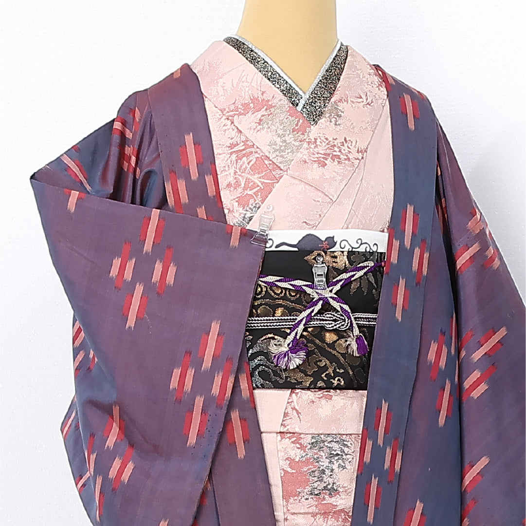 アンティーク 羽織 (銘仙) 袷 身丈85cm 裄丈63cm 正絹 Aランク Sサイズ 紐あり 十字絣 紫系 M4 1232-12561