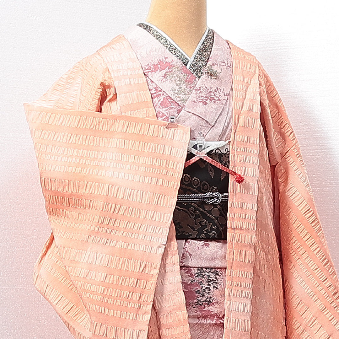 羽織 袷 身丈78cm 裄丈65cm 正絹 Sランク カジュアル Mサイズ ふくれ織 ぼかし染 紐あり 朱系 RP 1232-14675