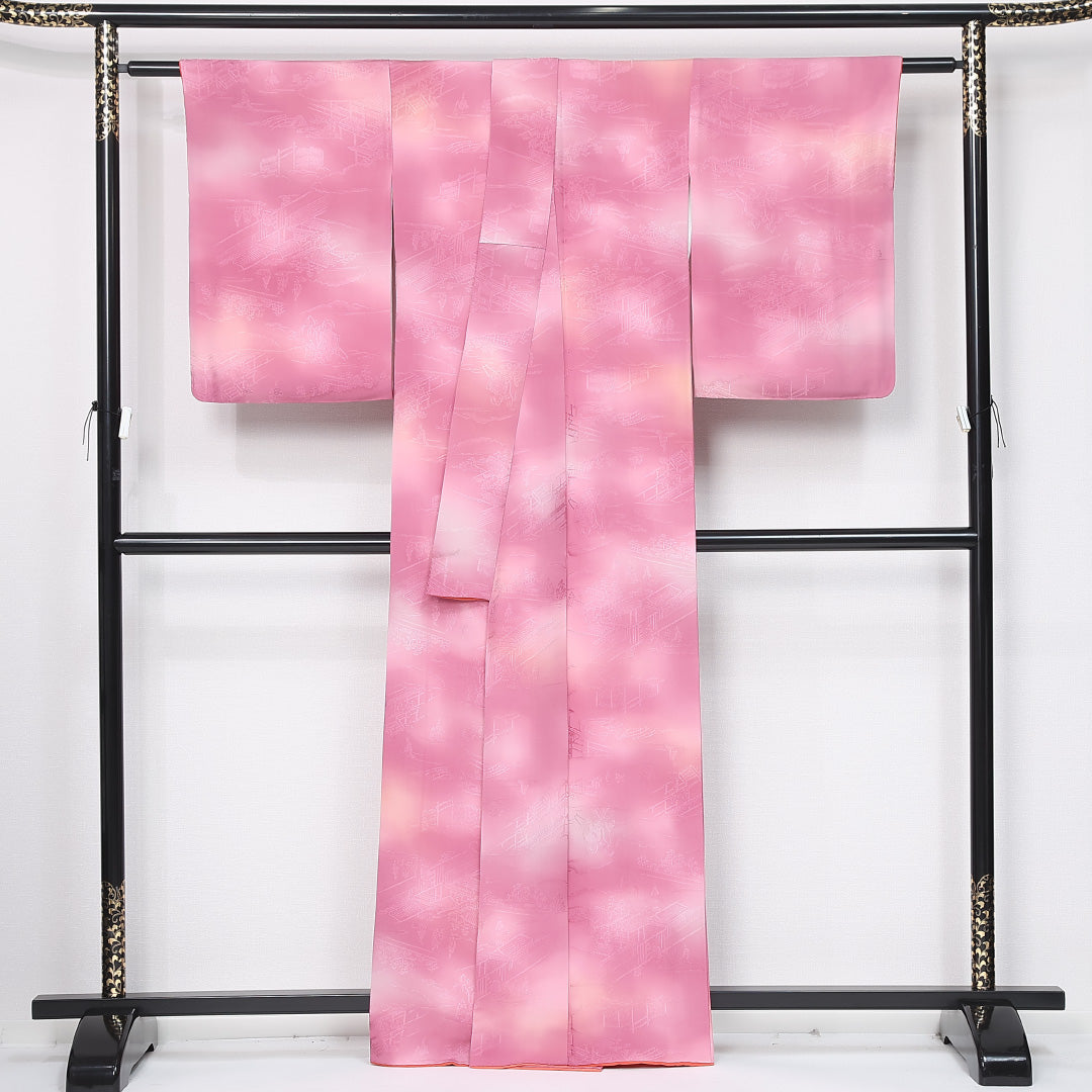 小紋 袷 身丈162cm 裄丈64cm 正絹 Bランク インフォーマル 広衿 Lサイズ 色無地 ぼかし染 御所解 ピンク系 HP 1221-11910
