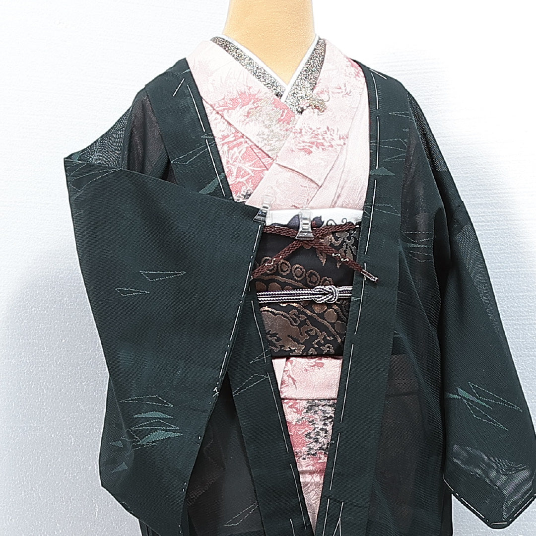 新古品 羽織 夏物 絽 身丈79cm 裄丈63cm 正絹 Nランク Sサイズ カジュアル 紐あり 創作柄 しつけ糸 緑系 1217-14761