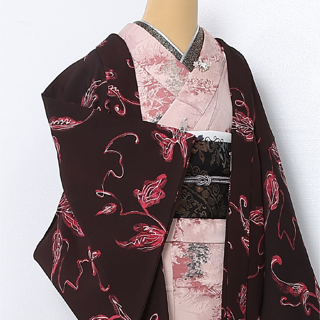 羽織 袷 身丈78cm 裄丈66cm 正絹 Cランク カジュアル Mサイズ 植物柄 茶系 HP 1232-12830