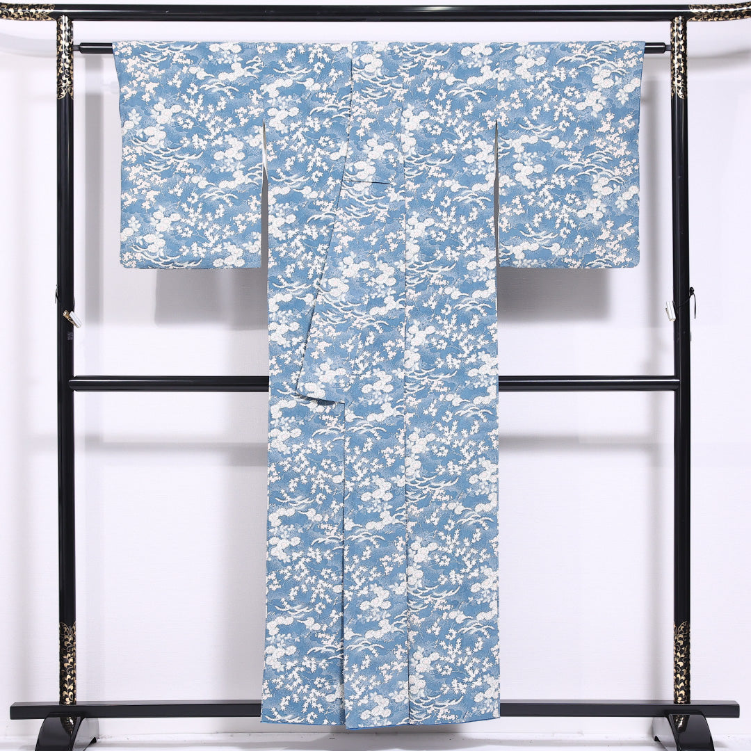 小紋 袷 身丈152cm 裄丈62cm 正絹 Sランク インフォーマル 広衿 Sサイズ 菊 紅葉 青系 RP 1221-11566