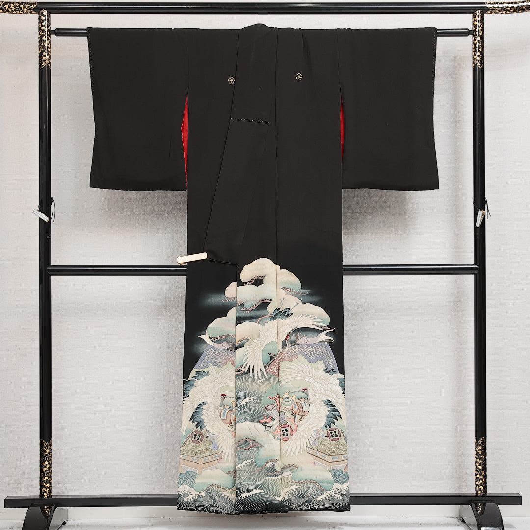 アンティーク 黒留袖 五つ紋 桔梗 身丈152cm 裄丈61cm Cランク 正絹 袷 広衿 S 小鼓 鶴 レトロ 華やか 黒系 1211-F0599