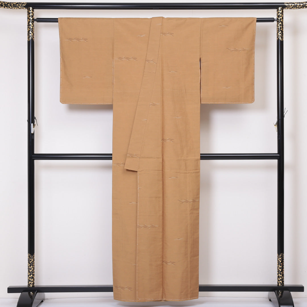 紬 袷 身丈157cm 裄60.5cm 正絹 茶系 Sランク 植物柄 1216-00715-2314