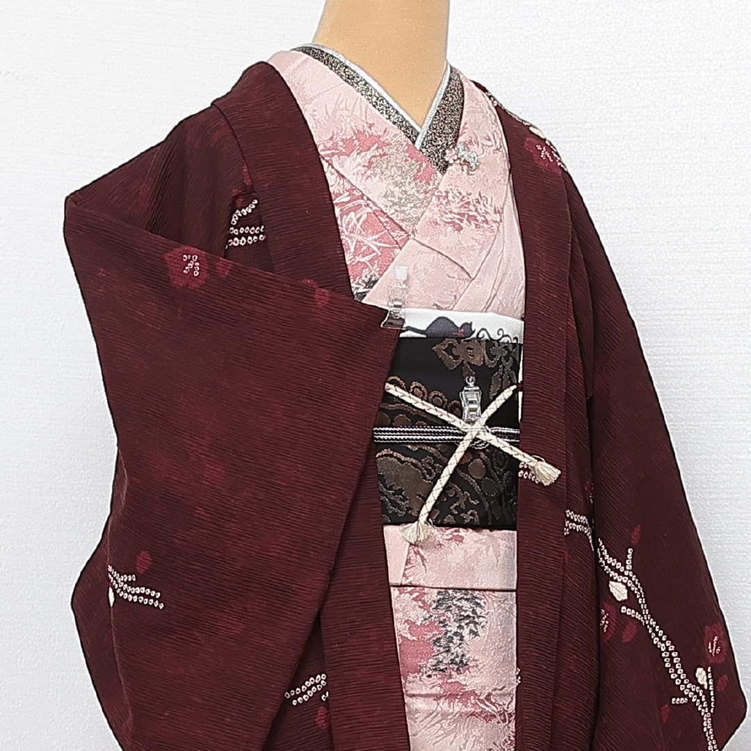羽織 袷 身丈84cm 裄丈64cm 正絹 Cランク カジュアル Mサイズ 紐あり 赤系 HP 1232-13831
