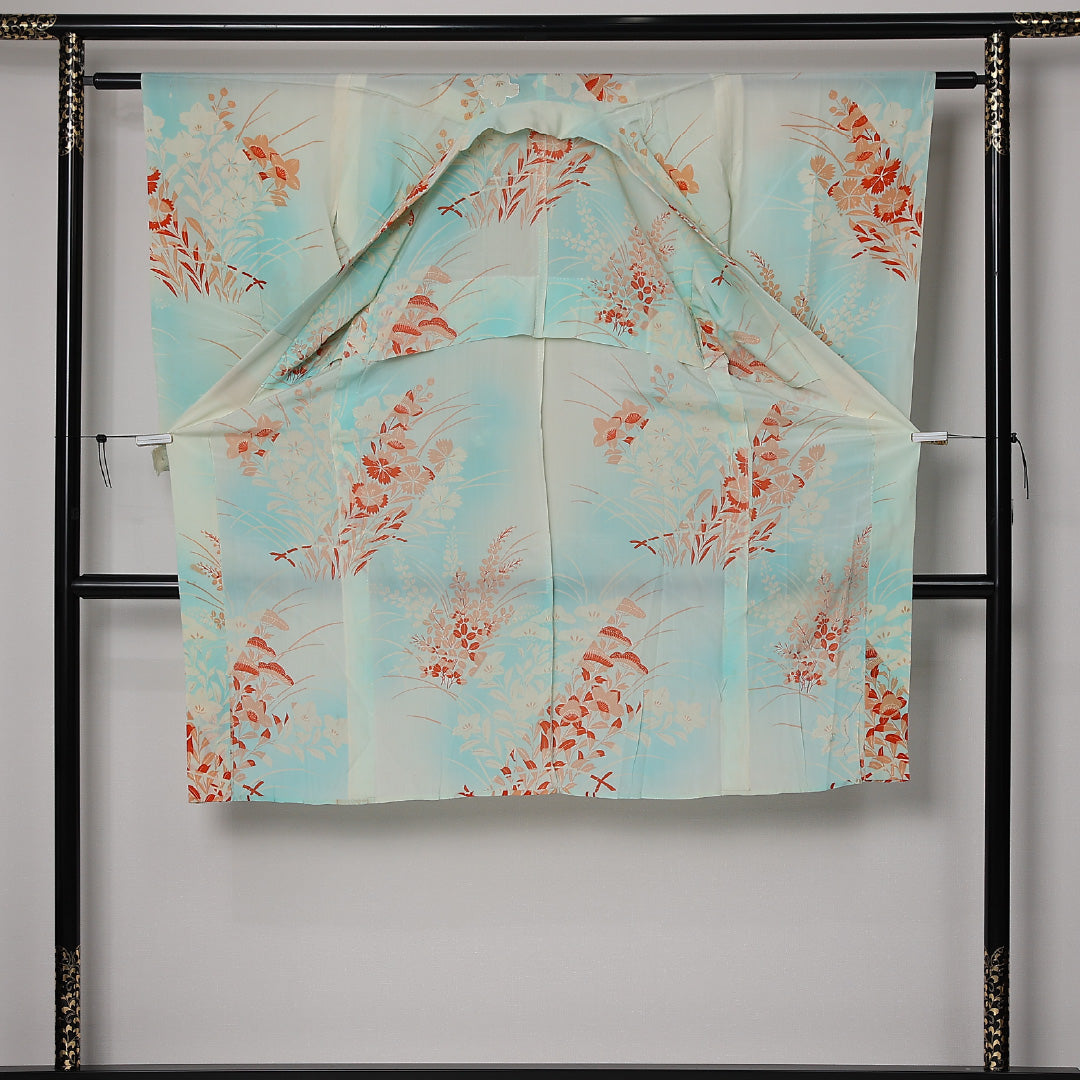 アンティーク 振袖用 長襦袢 無双袖 身丈119cm 裄丈60cm 正絹 Aランク XSサイズ 銀駒刺繍 桔梗 水色系 M4 1240-12678