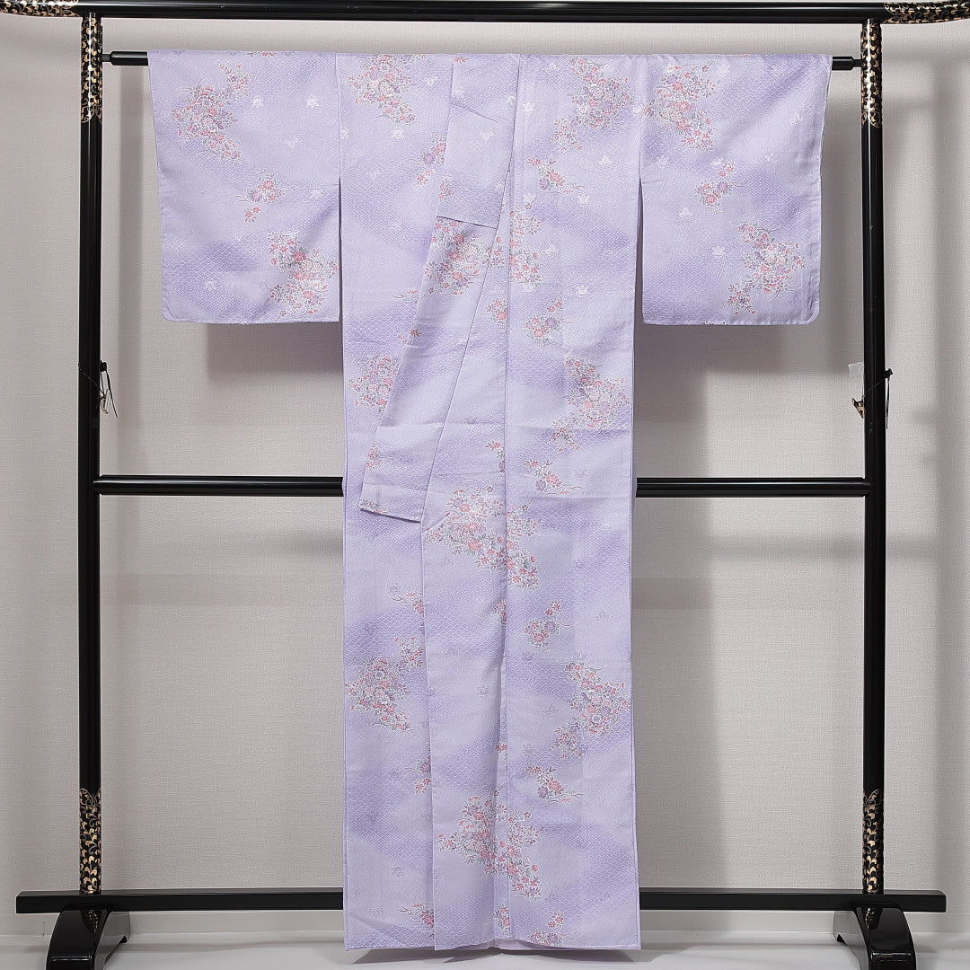 小紋 洗える着物 袷 身丈161cm 裄丈63cm ポリエステル Sランク Lサイズ 広衿 インフォーマル 花車 紫系 1215-14827