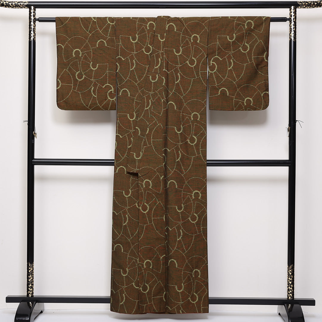 紬 袷 身丈159cm 裄63cm 正絹 幾何学 緑系 Sランク 1216-01372