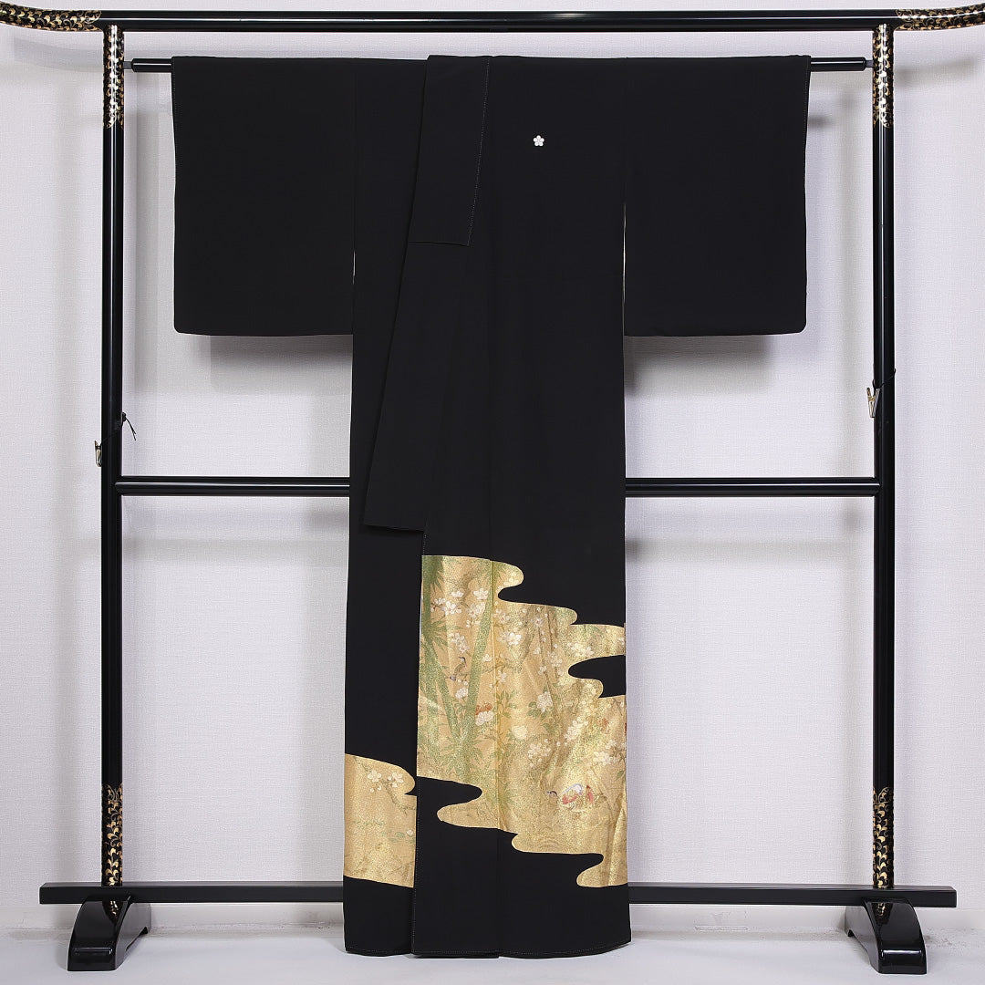 黒留袖 五つ紋 梅鉢 身丈162cm 裄丈65cm Sランク 正絹 袷 比翼 広衿 L 鶯 梅 フォーマル 黒系 1211-F0340