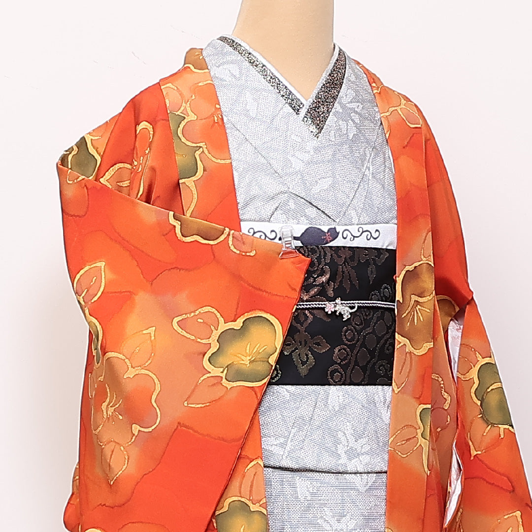 羽織 袷 身丈85cm 裄丈66cm 正絹 Sランク カジュアル Mサイズ ぼかし染 花柄 朱系 RP 1232-06147