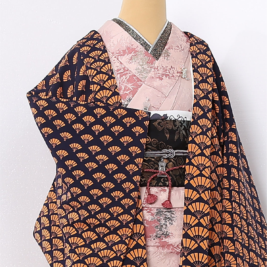 羽織 袷 身丈80cm 裄丈65cm 正絹 Aランク カジュアル Mサイズ 紐あり 扇 紺系 HP 1232-12723