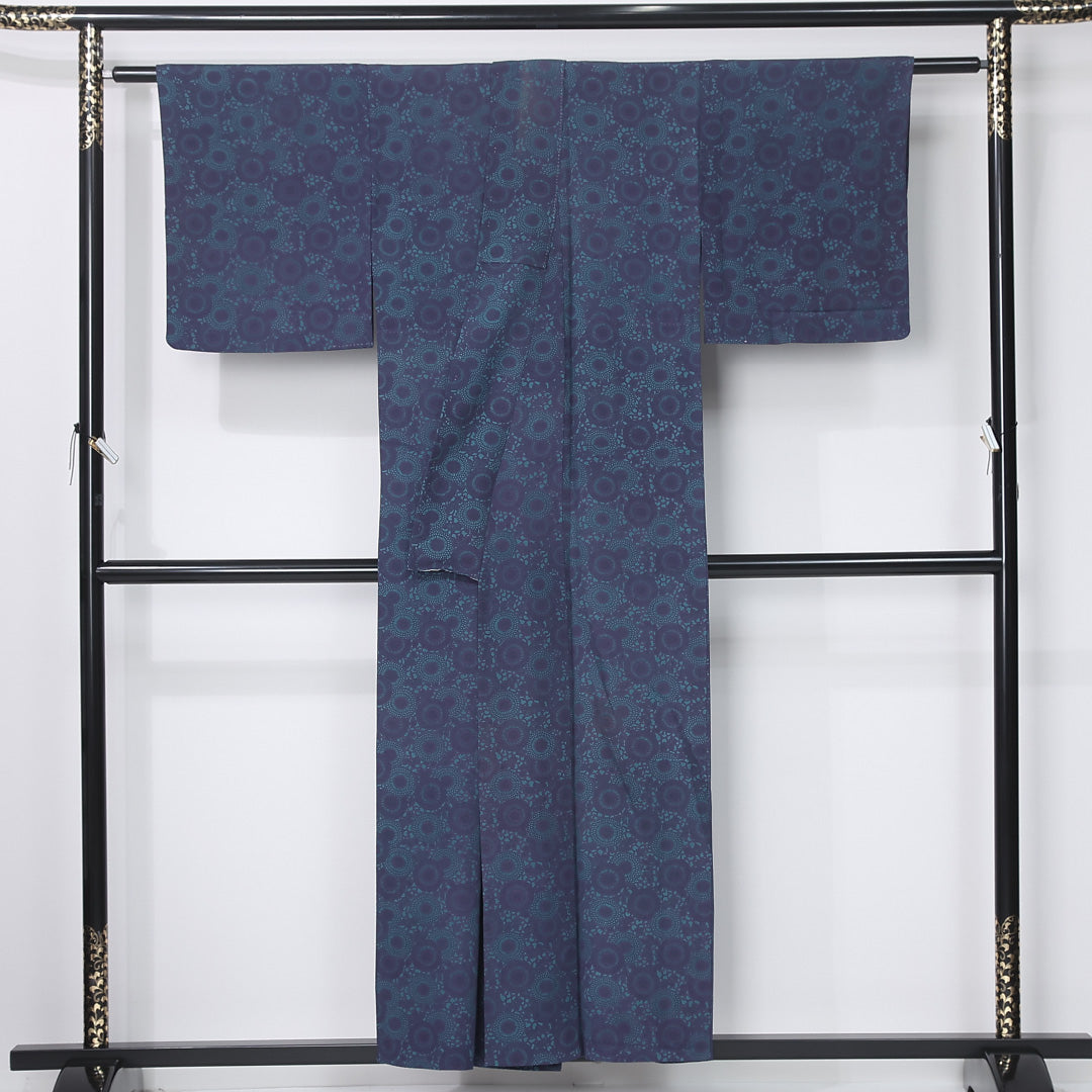 小紋 単衣 身丈154cm 裄丈62cm 正絹 Aランク インフォーマル 広衿 Sサイズ 向日葵 青系 RP 1221-12205