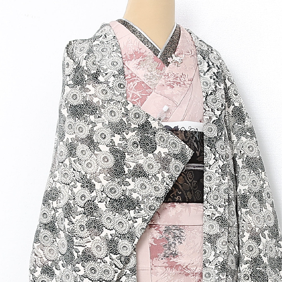 羽織 袷 身丈83cm 裄丈65cm 正絹 Aランク カジュアル Mサイズ 菊 白系 RP 1232-12783