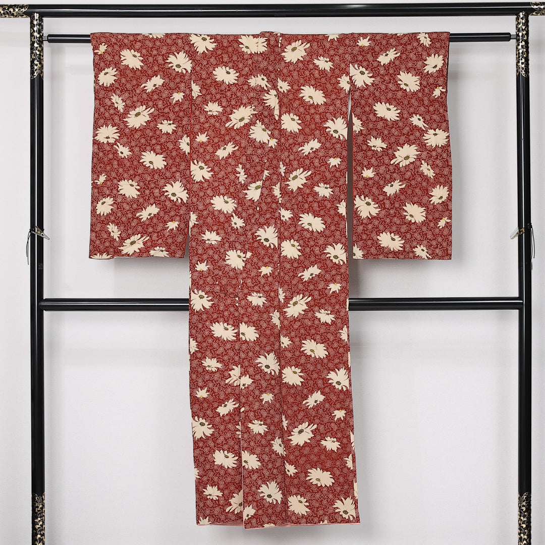 アンティーク 小紋 袷 身丈140cm 裄丈56cm 正絹 Aランク バチ衿 XSサイズ 菊 唐菊 赤系 M4 1221-12506