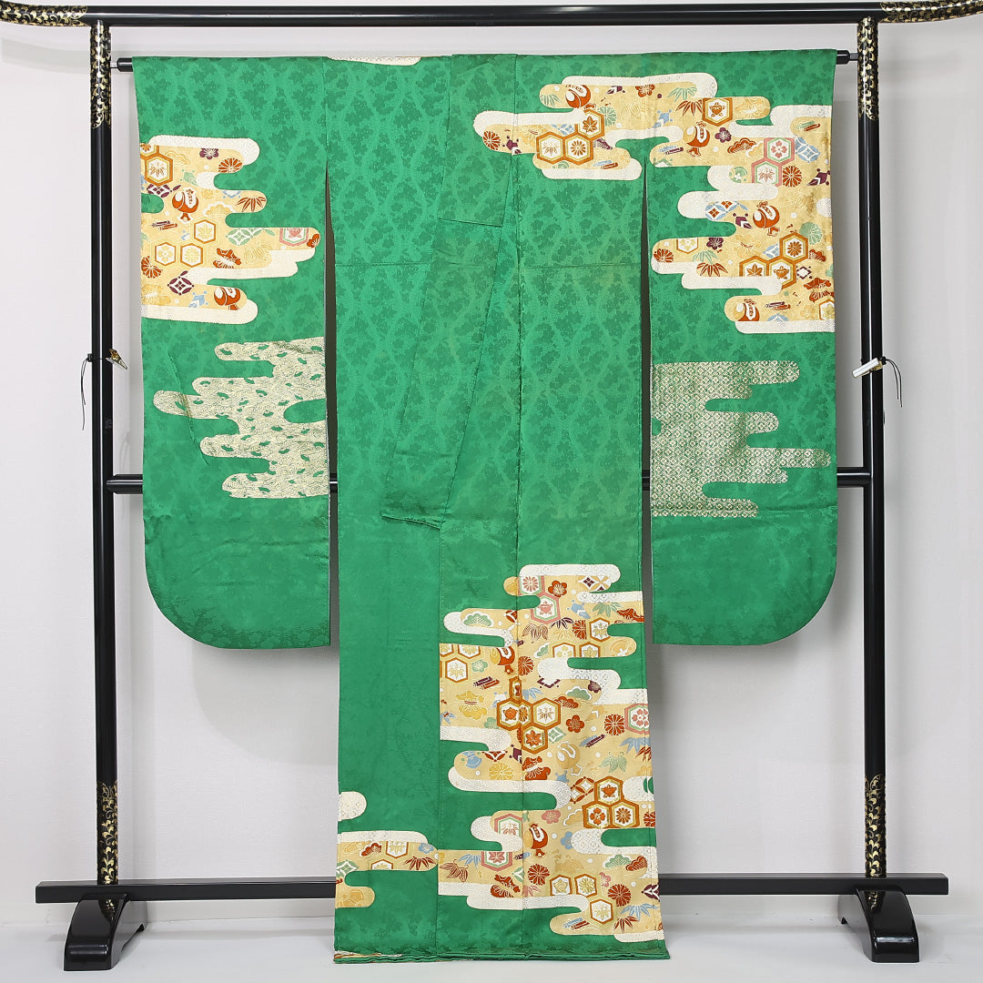振袖 身丈170cm 裄丈67.5cm Aランク 正絹 袷 広衿 2XL エ霞 宝尽くし フォーマル 古典的 華やか 緑系 1213-F0492