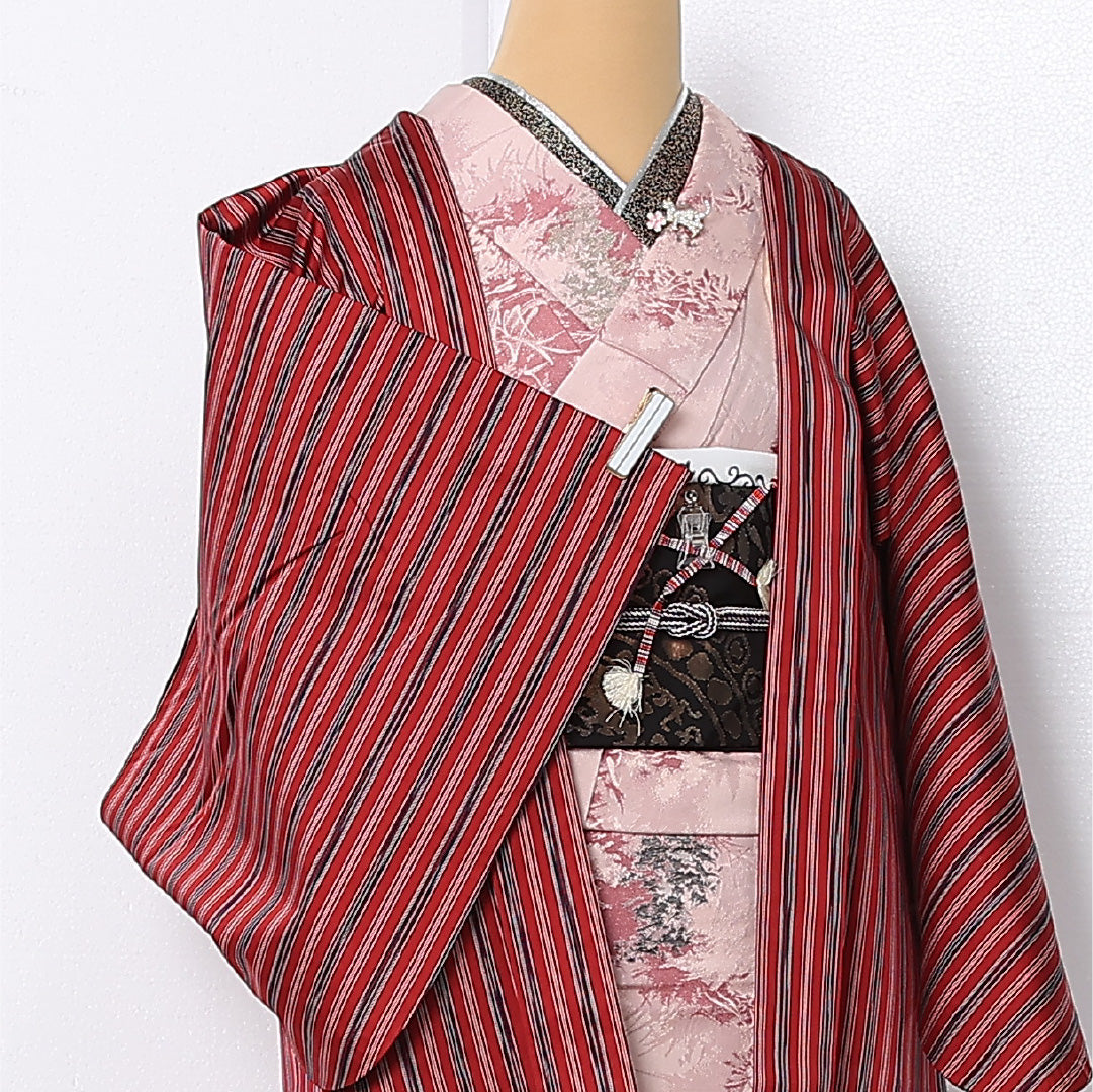 羽織 袷 身丈73cm 裄丈63cm 正絹 Sランク カジュアル Sサイズ 紐あり 縞 赤系 RP 1232-12869