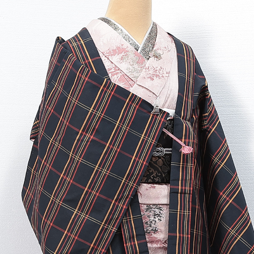 黒羽織 袷 身丈80cm 裄丈62cm 正絹 Sランク インフォーマル Sサイズ 紐あり 格子 多色系 RP 1233-14691