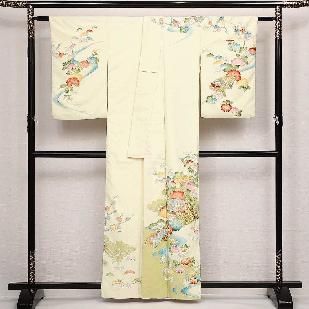 洗える着物 訪問着 袷 身丈158cm 裄丈61cm ポリエステル Cランク セミフォーマル 広衿 Mサイズ 金駒刺繍 扇 牡丹 黄系 LP 1217-14020