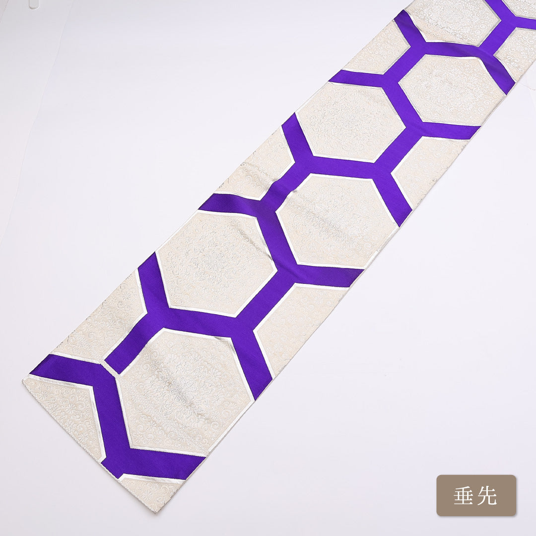 モダン 袋帯 帯丈420cm 六通 宝相華 亀甲 銀系 フォーマル 白系 正絹 Cランク 1223-00871