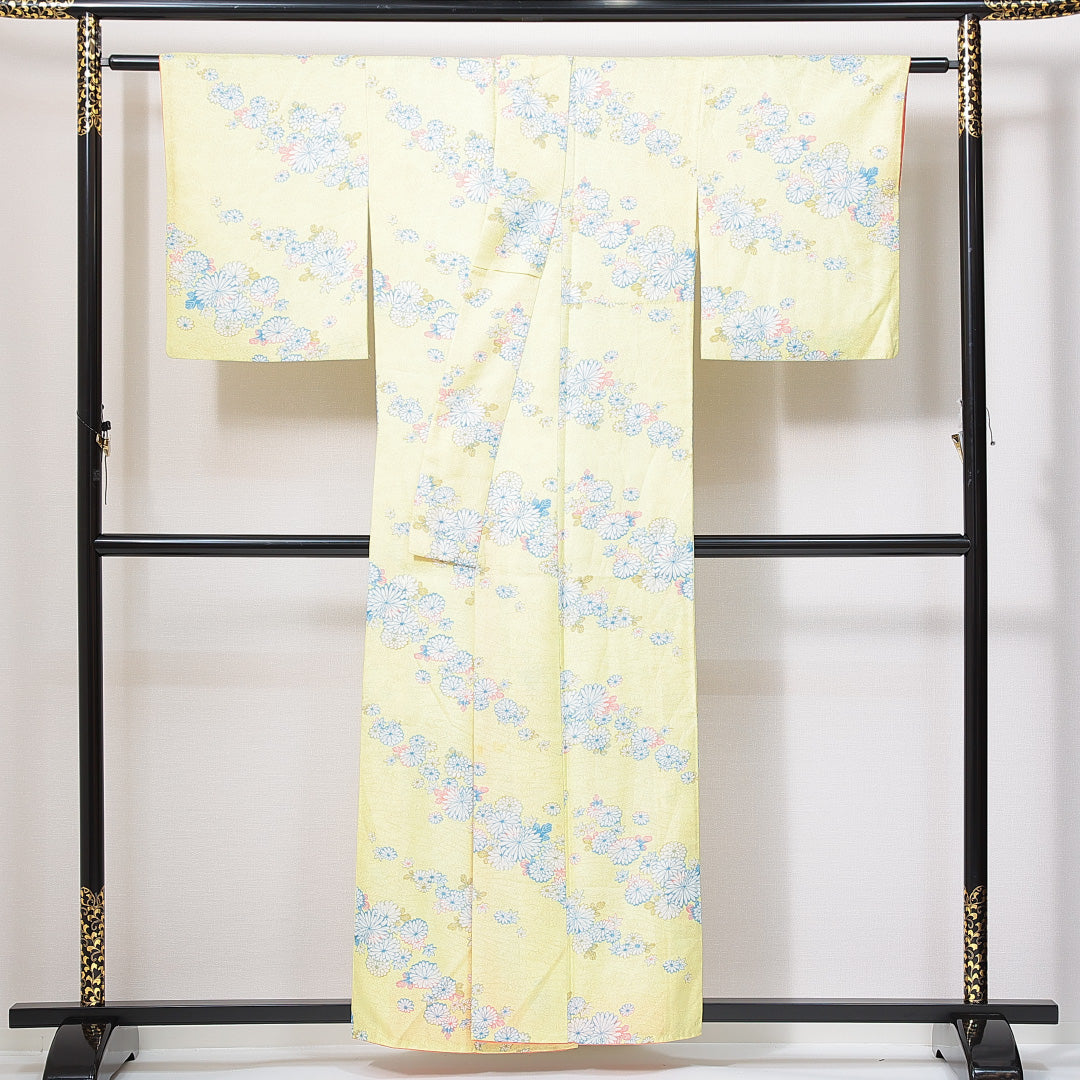 洗える着物 小紋 袷 身丈156cm 裄丈61cm ポリエステル Sランク インフォーマル 広衿 Mサイズ 菊 黄系 RP 1221-14987
