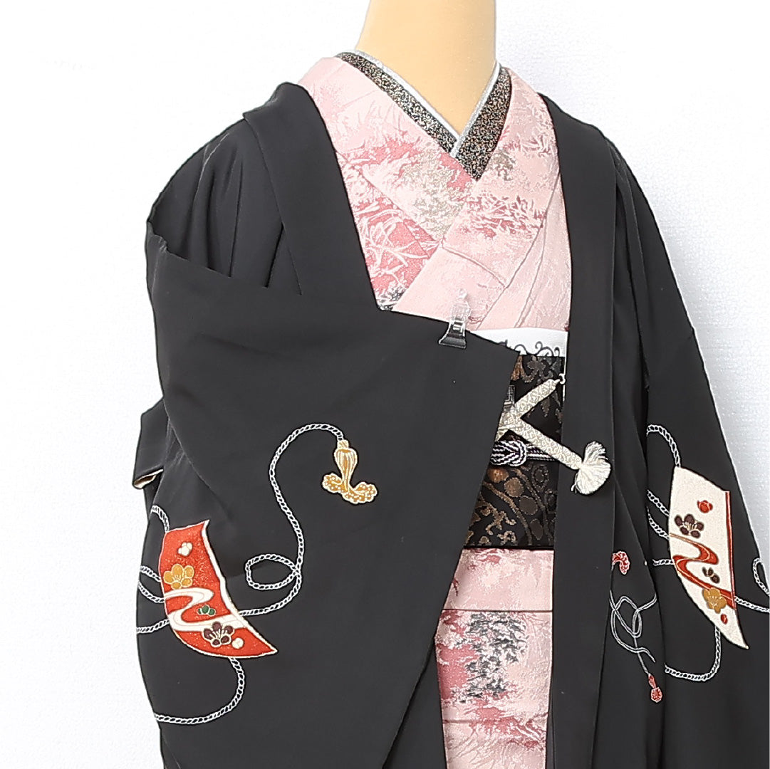 黒羽織 袷 身丈82cm 裄丈64cm 正絹 Cランク インフォーマル Mサイズ 紐あり 亀甲 牡丹 吉祥文様 黒系 LP 1233-12741