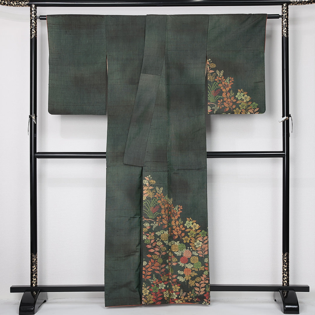 訪問着 袷 身丈160cm 裄丈64cm 正絹 Aランク 一つ紋 (花菱) セミフォーマル 広衿 Lサイズ ぼかし染 花柄 植物柄 緑系 RP 1217-12502