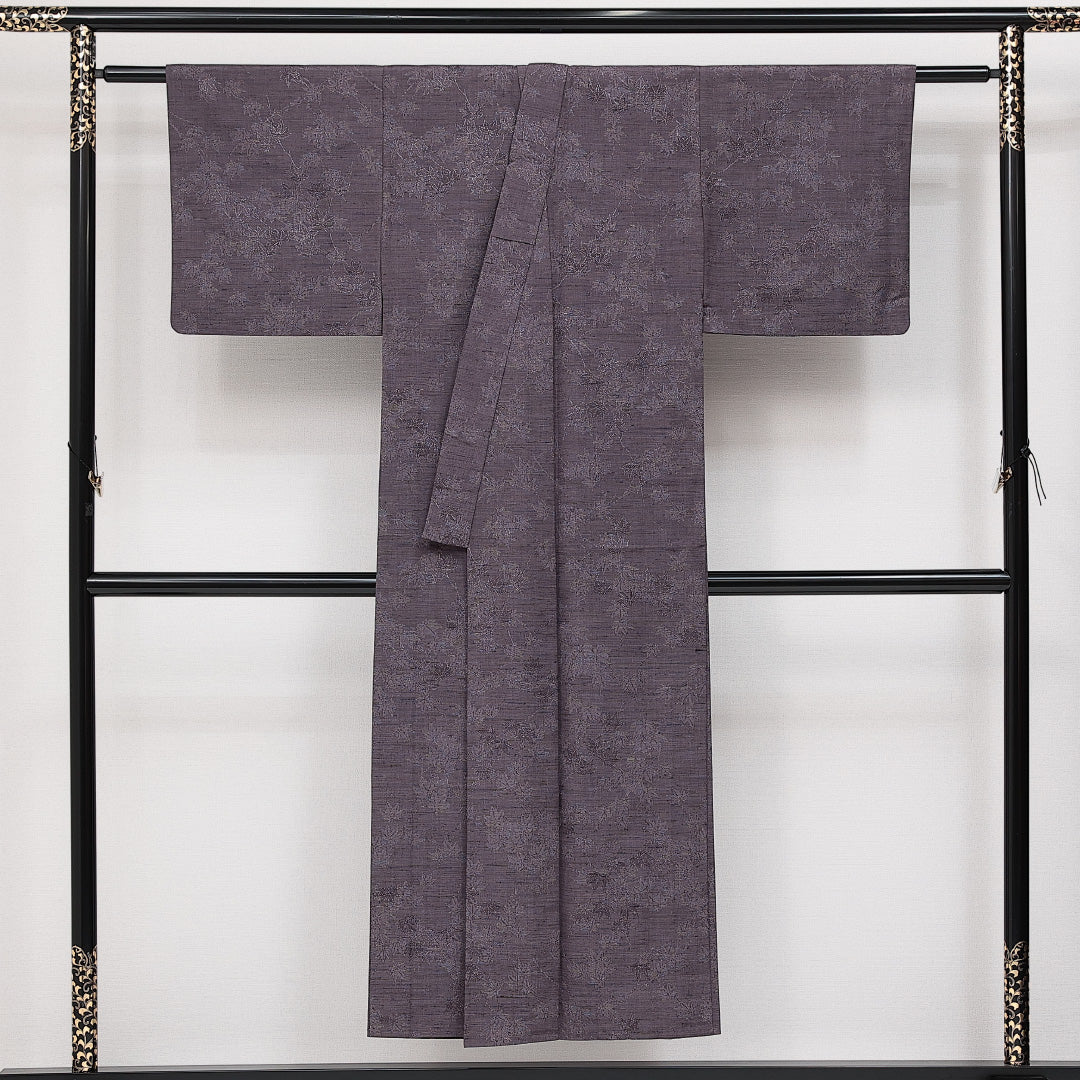 洗える着物 ウールの紬 単衣 身丈147cm 裄丈60cm ウール Sランク カジュアル バチ衿 XSサイズ 居敷当て 肩当て 紅葉 紫系 RP 1223-14622
