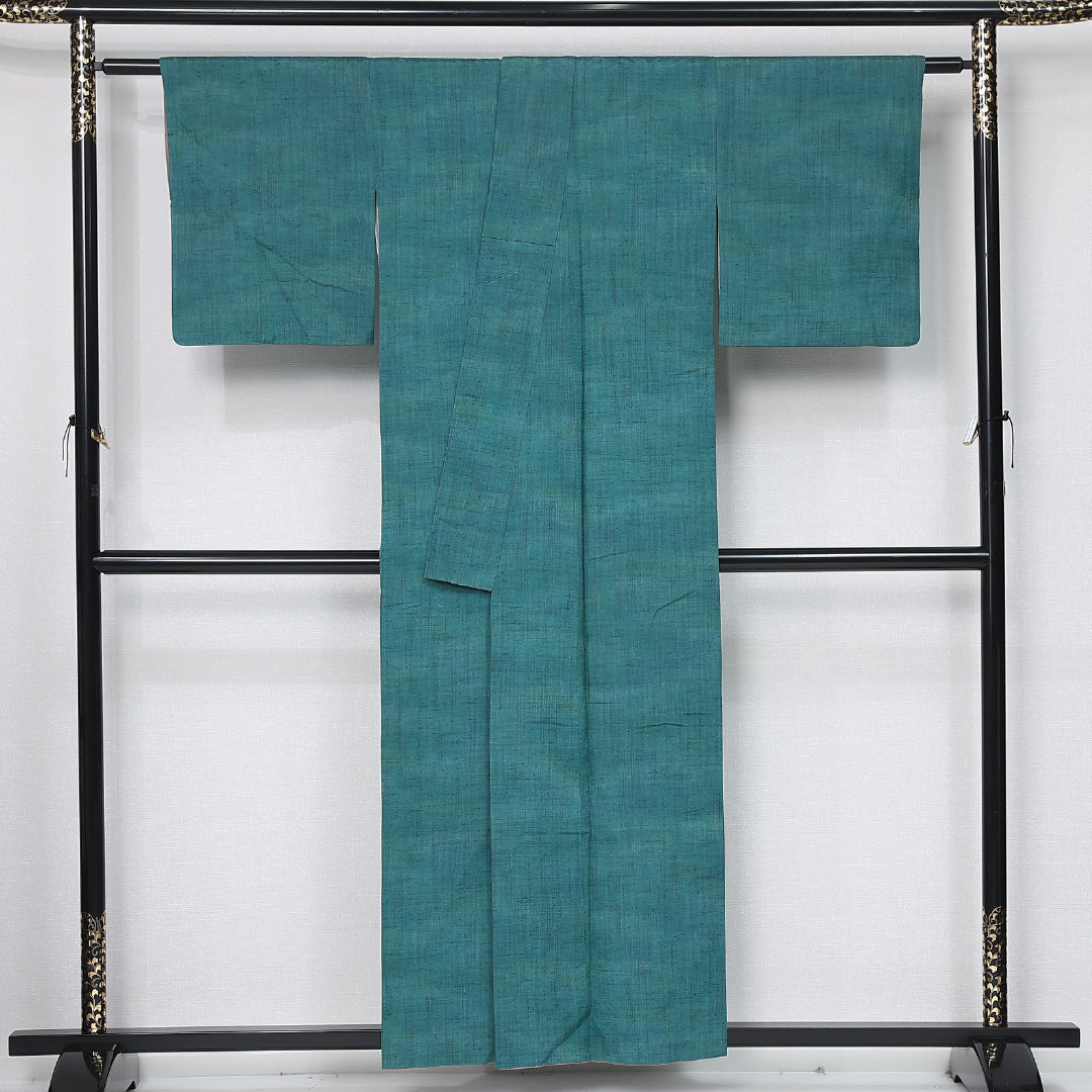 紬 袷 身丈156cm 裄丈62cm 正絹 Aランク カジュアル バチ衿 Mサイズ 染め紬 ぼかし染 無地 緑系 HP 1223-11885
