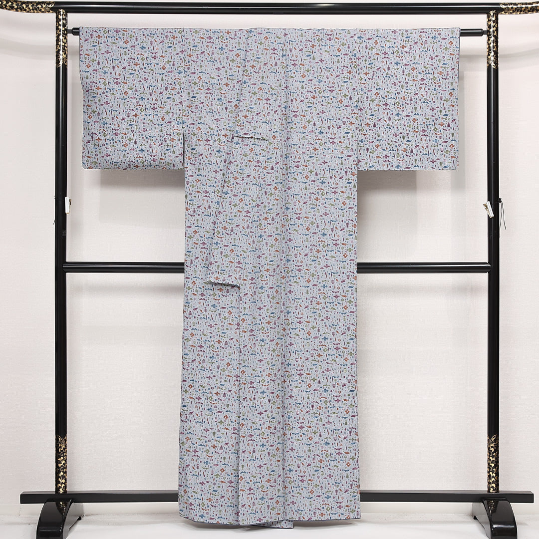 小紋 袷 身丈157cm 裄丈67cm 正絹 Sランク インフォーマル 広衿 Mサイズ 吹き寄せ グレー系 RP 1221-13332
