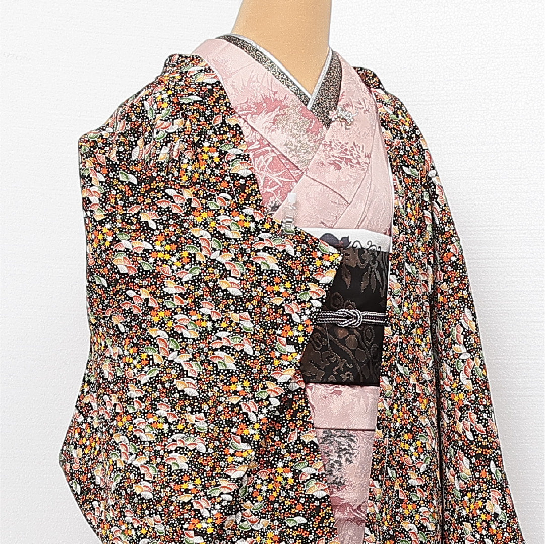 未使用品 洗える着物 羽織 袷 身丈77cm 裄丈64cm ポリエステル Nランク カジュアル Mサイズ しつけ糸 扇 梅 紅葉 多色系 RP 1232-13689