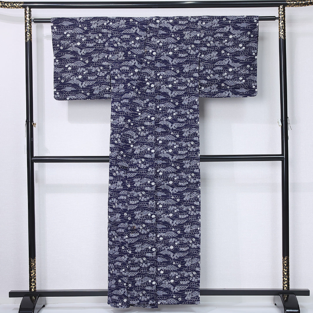 浴衣 身丈159cm 裄丈62cm Bランク M 木綿 洗える着物 単衣 バチ衿 観世水 青海波 菊 楓 カジュアル 紺系 1218-12300