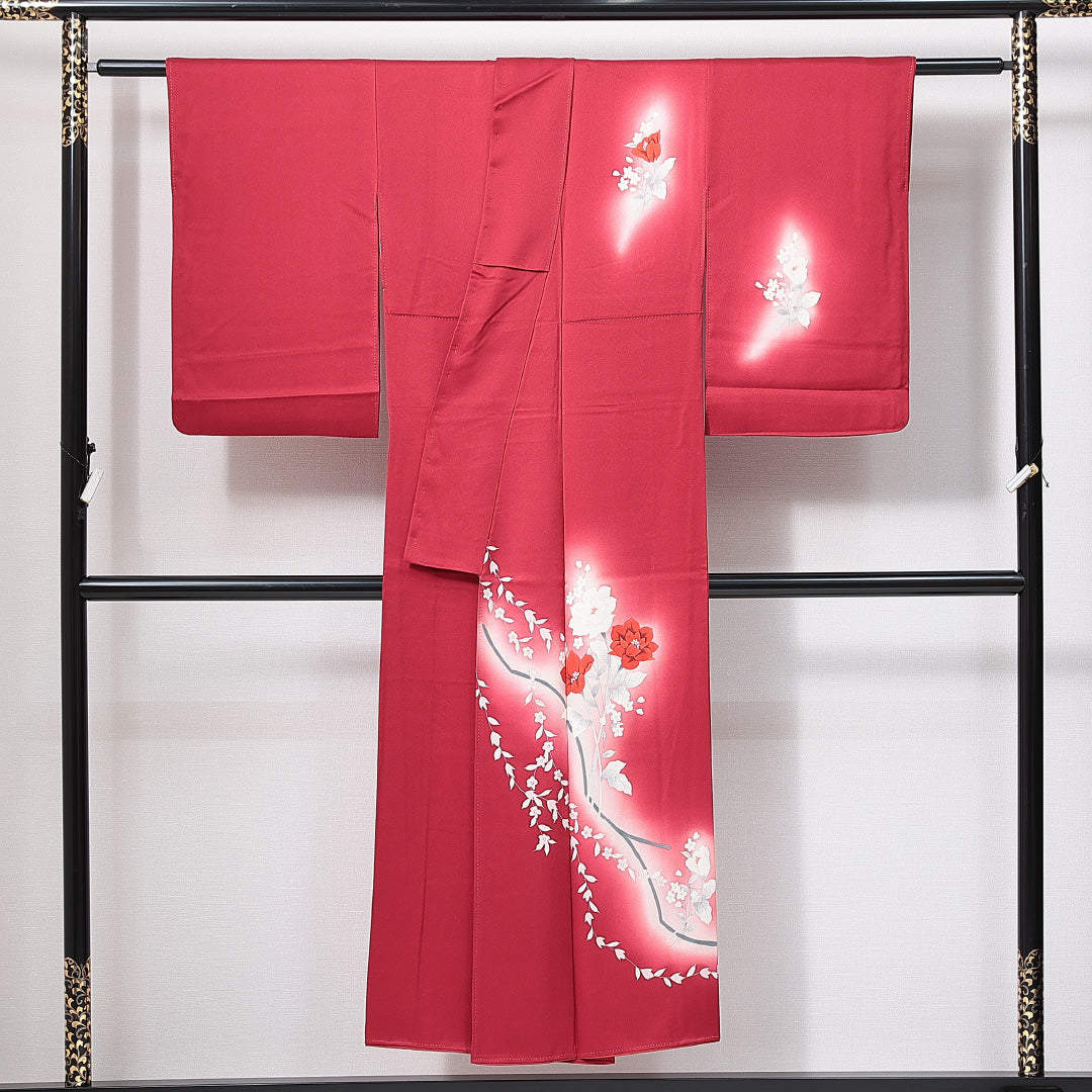 訪問着 袷 身丈142cm 裄丈58cm 正絹 Sランク XSサイズ 広衿 セミフォーマル 椿 ぼかし染 赤系 1212-14968