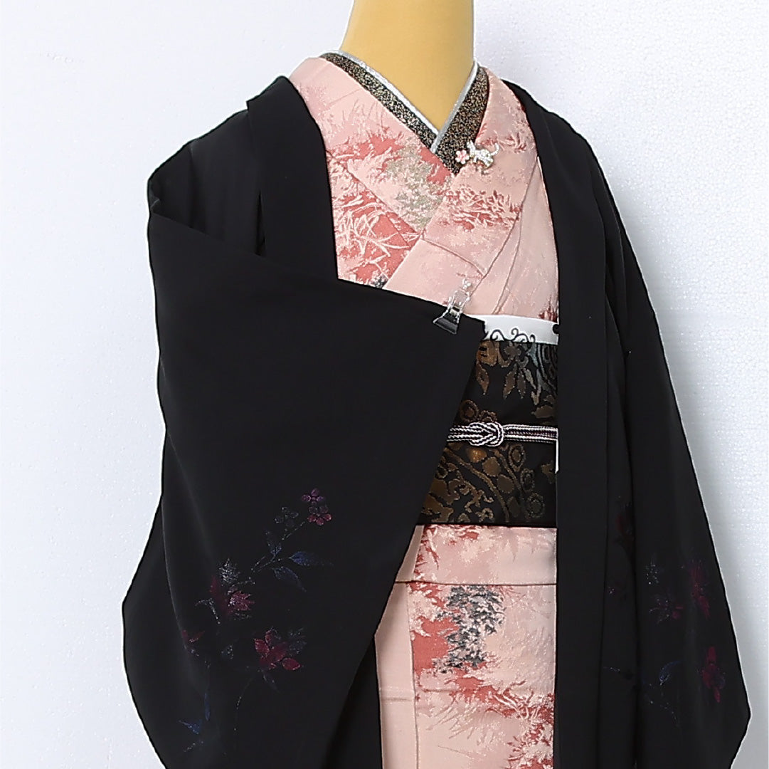 黒羽織 袷 身丈75cm 裄丈63cm 正絹 Aランク 一つ紋 (柏) セミフォーマル Sサイズ 漆糸 花柄 黒系 RP 1233-12818