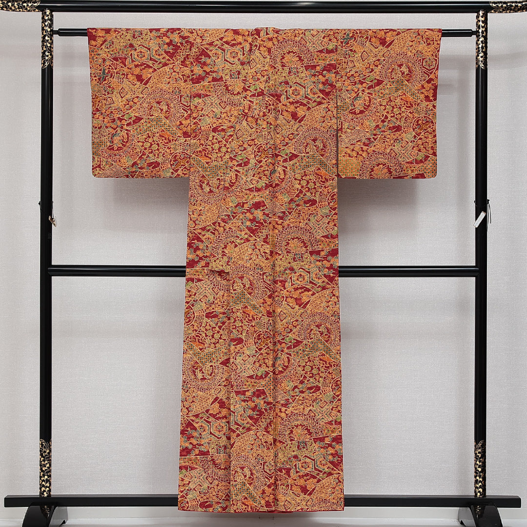 小紋 袷 身丈154cm 裄丈61cm 正絹 Sランク インフォーマル バチ衿 Sサイズ 鏡裏文 茶系 RP 1221-14370