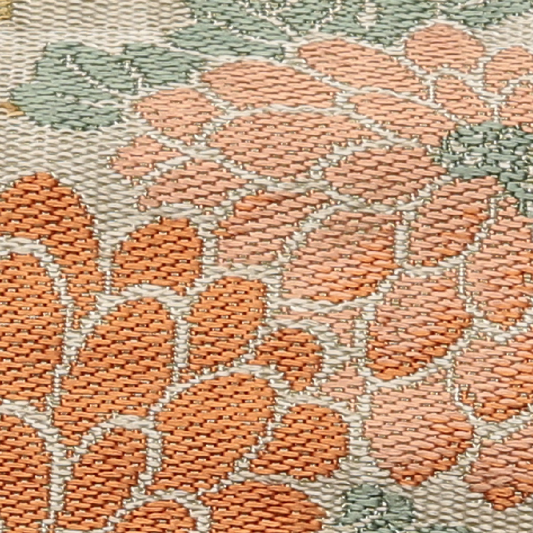 アンティーク 九寸名古屋帯 Cランク 帯丈334cm 正絹 六通 名古屋仕立て 染め ちりめん 菊 緑系 M4 1245-01794