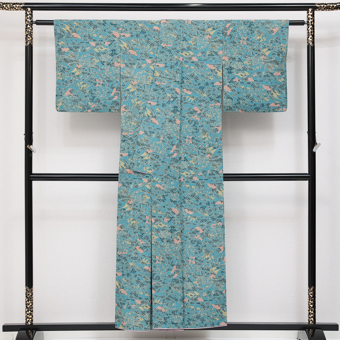 小紋 袷 身丈152cm 裄丈61cm 正絹 Aランク インフォーマル 広衿 Sサイズ 植物柄 水色系 RP 1221-14552