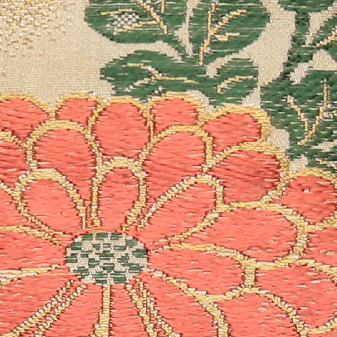 アンティーク 九寸名古屋帯 Cランク 帯丈332cm 正絹 六通 名古屋仕立て 織り 菊 ベージュ系 M4 1245-01795