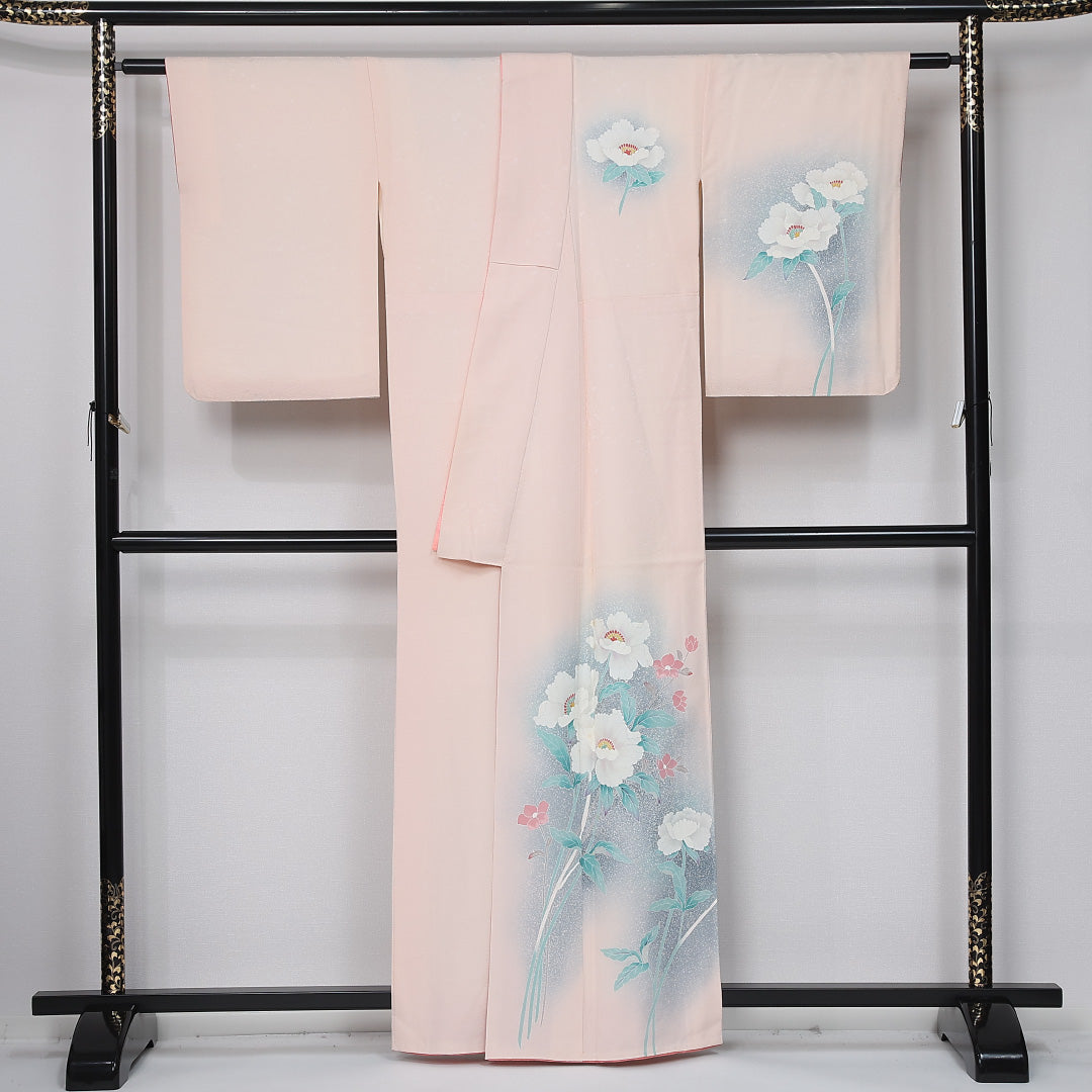 訪問着 身丈159cm 裄丈63.5cm Cランク M 正絹 袷 広衿 エレガント ぼかし 牡丹 花柄 セミフォーマル ピンク系 1212-12000