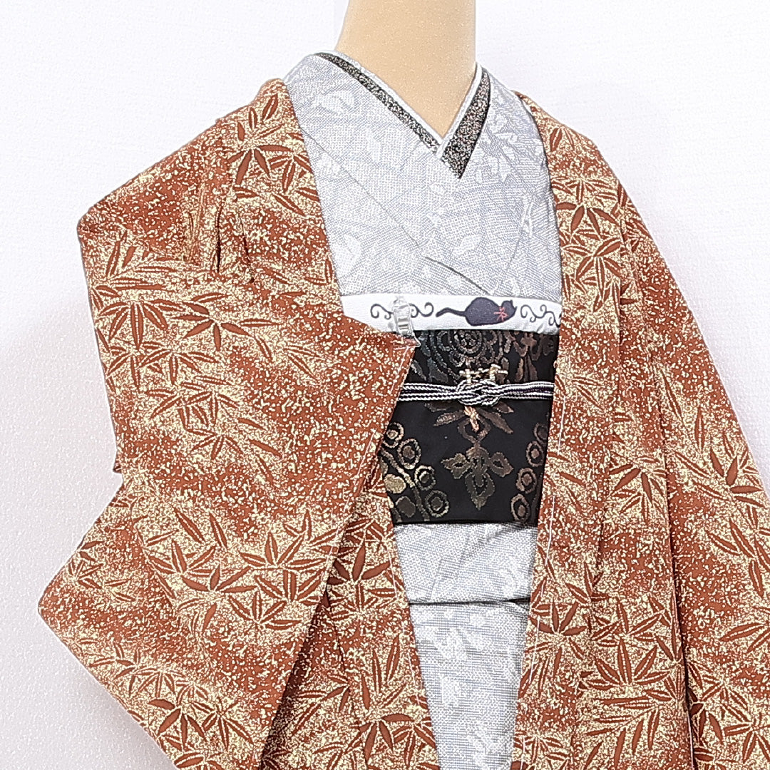 洗える着物 羽織 袷 身丈76cm 裄丈63cm ポリエステル Sランク カジュアル Sサイズ 笹 茶系 RP 1232-10271