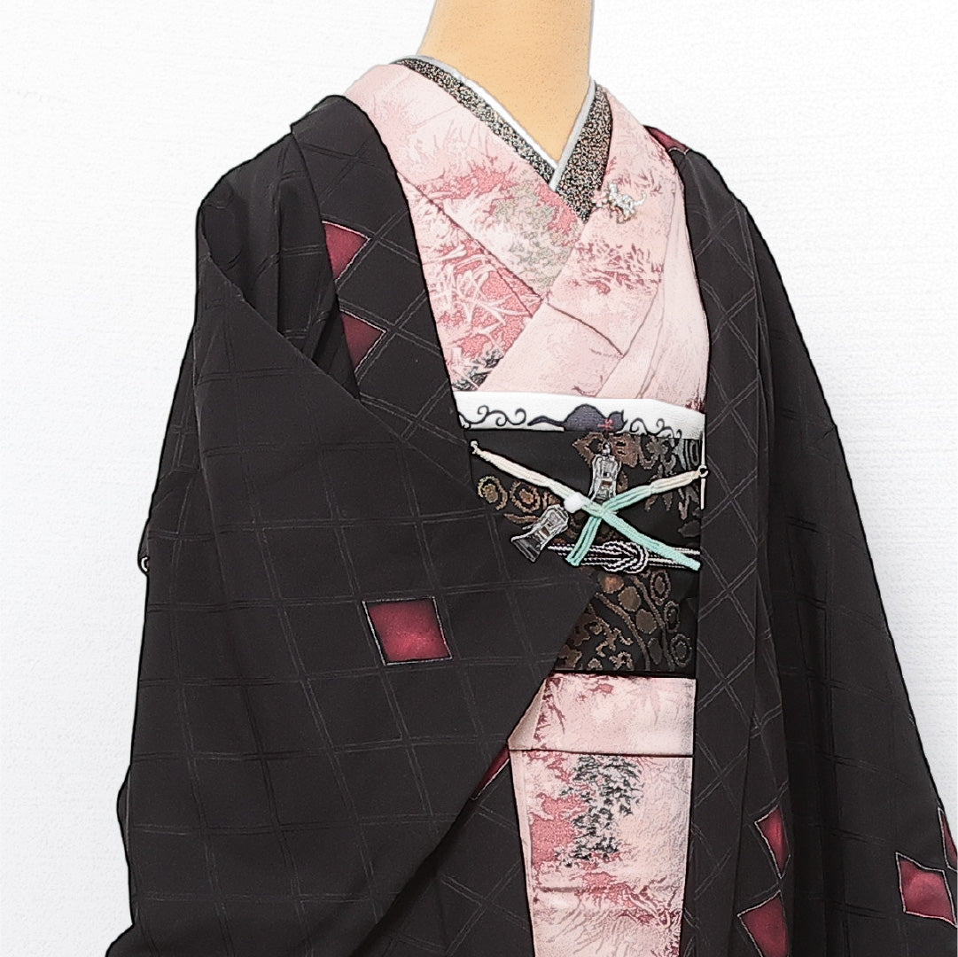 黒羽織 袷 身丈75cm 裄丈63cm 正絹 Aランク インフォーマル Sサイズ しつけ糸 菱 黒系 RP 1233-13751