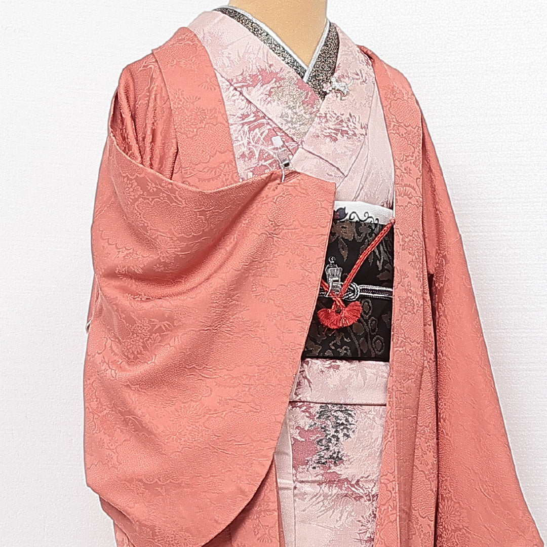 羽織 袷 身丈78cm 裄丈66cm 正絹 Sランク カジュアル Mサイズ 紐あり 雲取り 菊 ピンク系 RP 1232-13816
