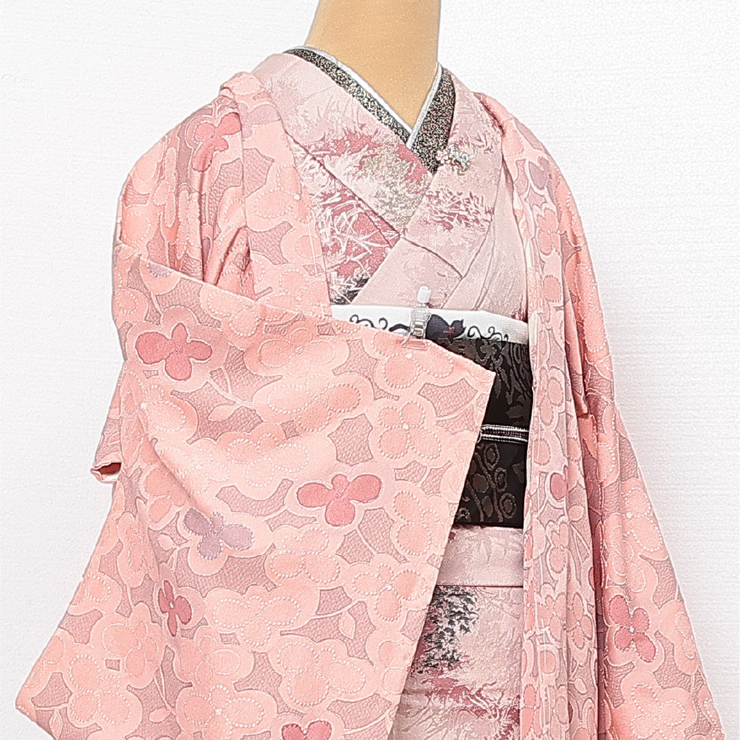 未使用品 羽織 袷 身丈74cm 裄丈67cm 正絹 Nランク 紋意匠 (花柄) カジュアル Mサイズ 織り出し しつけ糸 ピンク系 RP 1232-13769