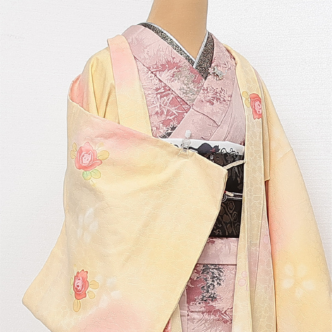洗える着物 道行コート 袷 身丈86cm 裄丈65cm ポリエステル Sランク セミフォーマル Mサイズ 薔薇 クリーム系 RP 1237-13748