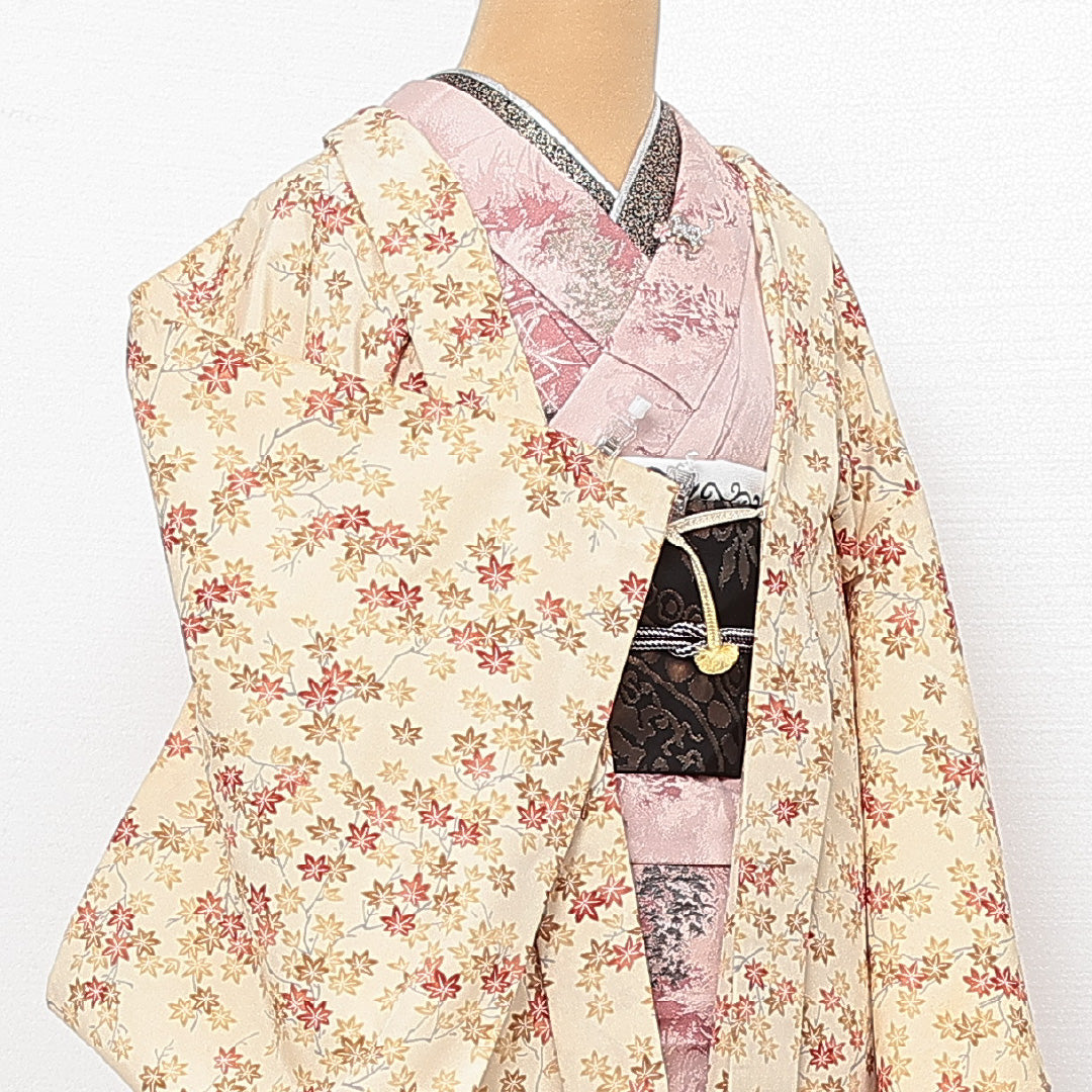 羽織 袷 身丈78cm 裄丈67cm 正絹 Sランク カジュアル Mサイズ 紐あり 紅葉 クリーム系 RP 1232-13730