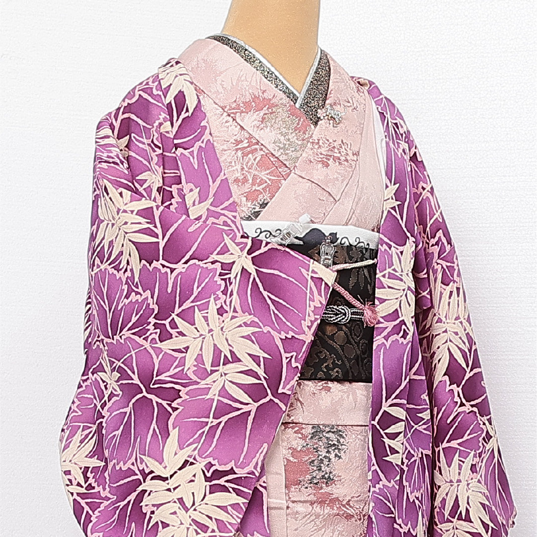 アンティーク 羽織 袷 身丈76cm 裄丈62cm 正絹 Cランク Sサイズ 紐あり 植物柄 ピンク系 RP 1232-13777