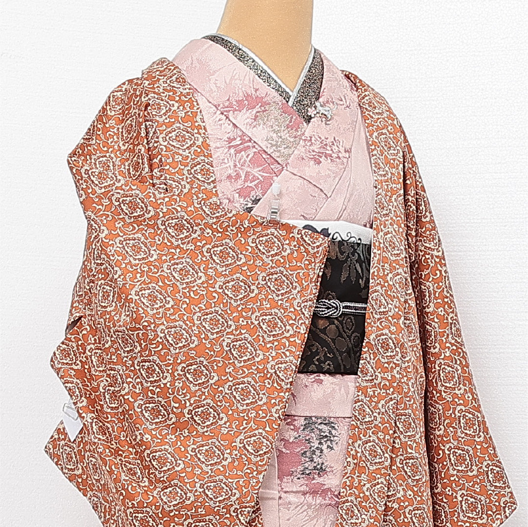 羽織 袷 身丈78cm 裄丈62cm 正絹 Sランク カジュアル Sサイズ アラベスク文様 朱系 RP 1232-13784