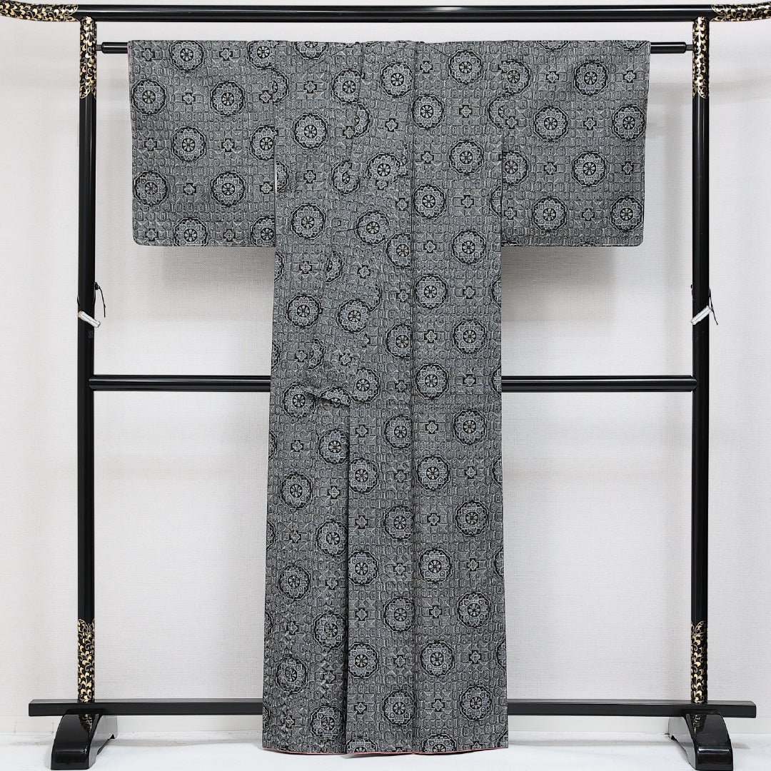 アンサンブル 村山大島紬 袷 身丈161cm 裄丈63cm 正絹 Sランク インフォーマル 広衿 Lサイズ 蜀江 グレー系 RP 1223-14456