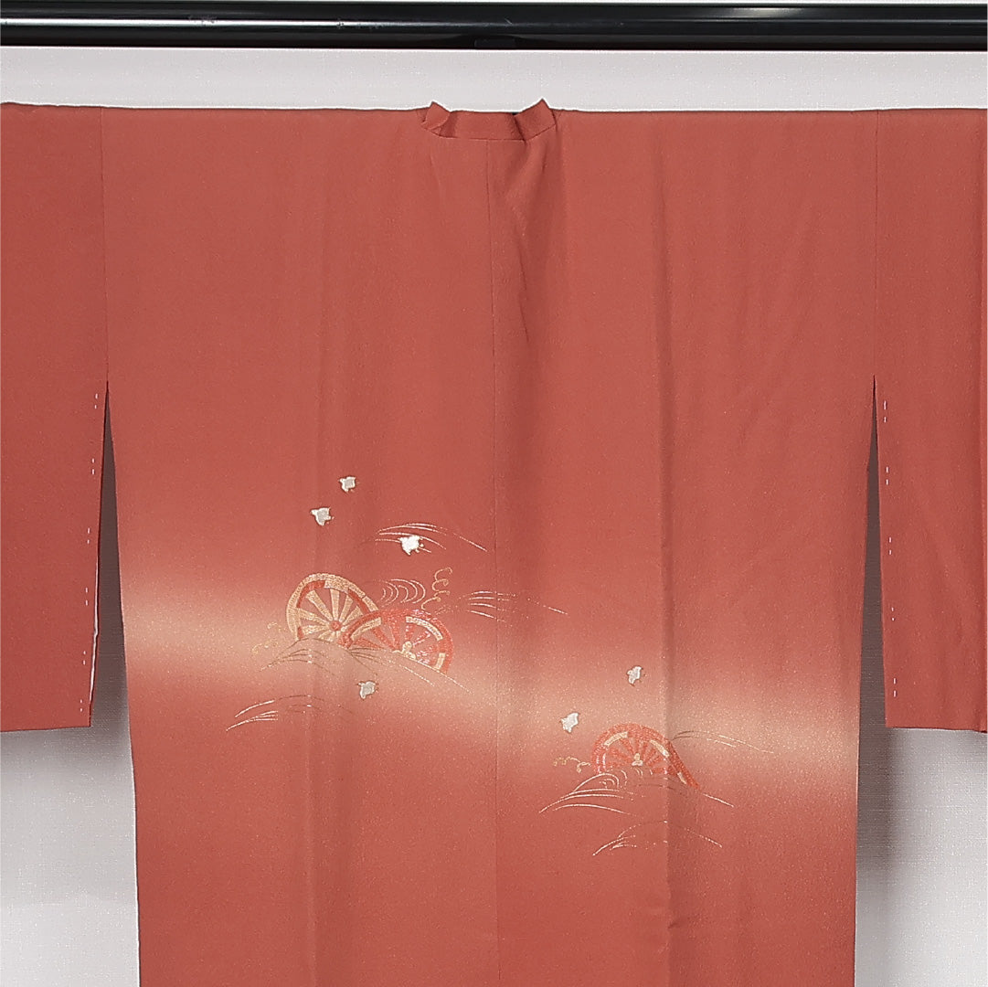 道行コート 袷 身丈90cm 裄丈68cm 正絹 Sランク セミフォーマル Lサイズ 金駒刺繍 ポケットあり 源氏車 千鳥 茶系 RP 1237-12577