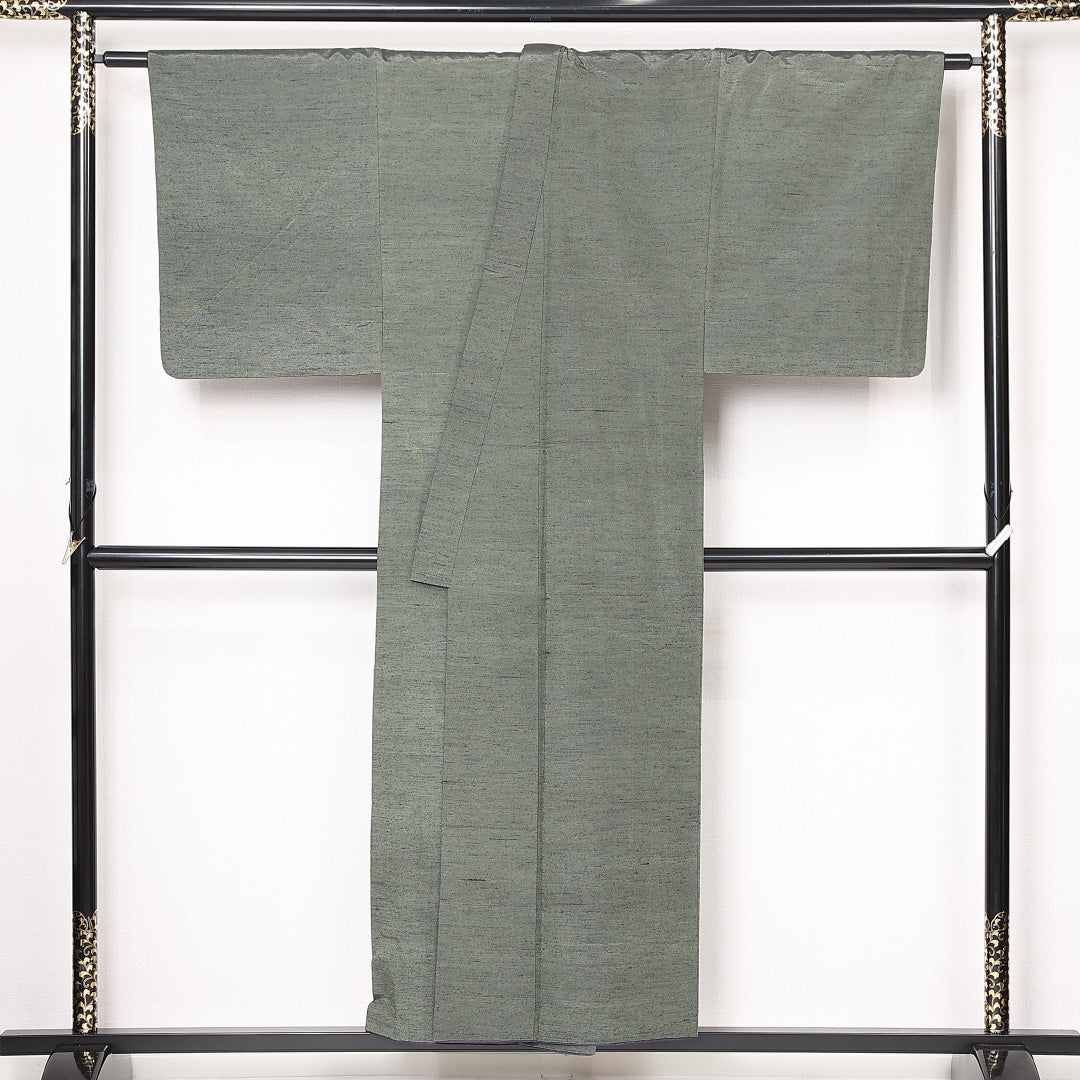 男着物 (牛首紬) 袷 身丈152cm 裄丈69cm 正絹 Sランク インフォーマル 棒衿 XLサイズ 無地 緑系 PO 1224-13089